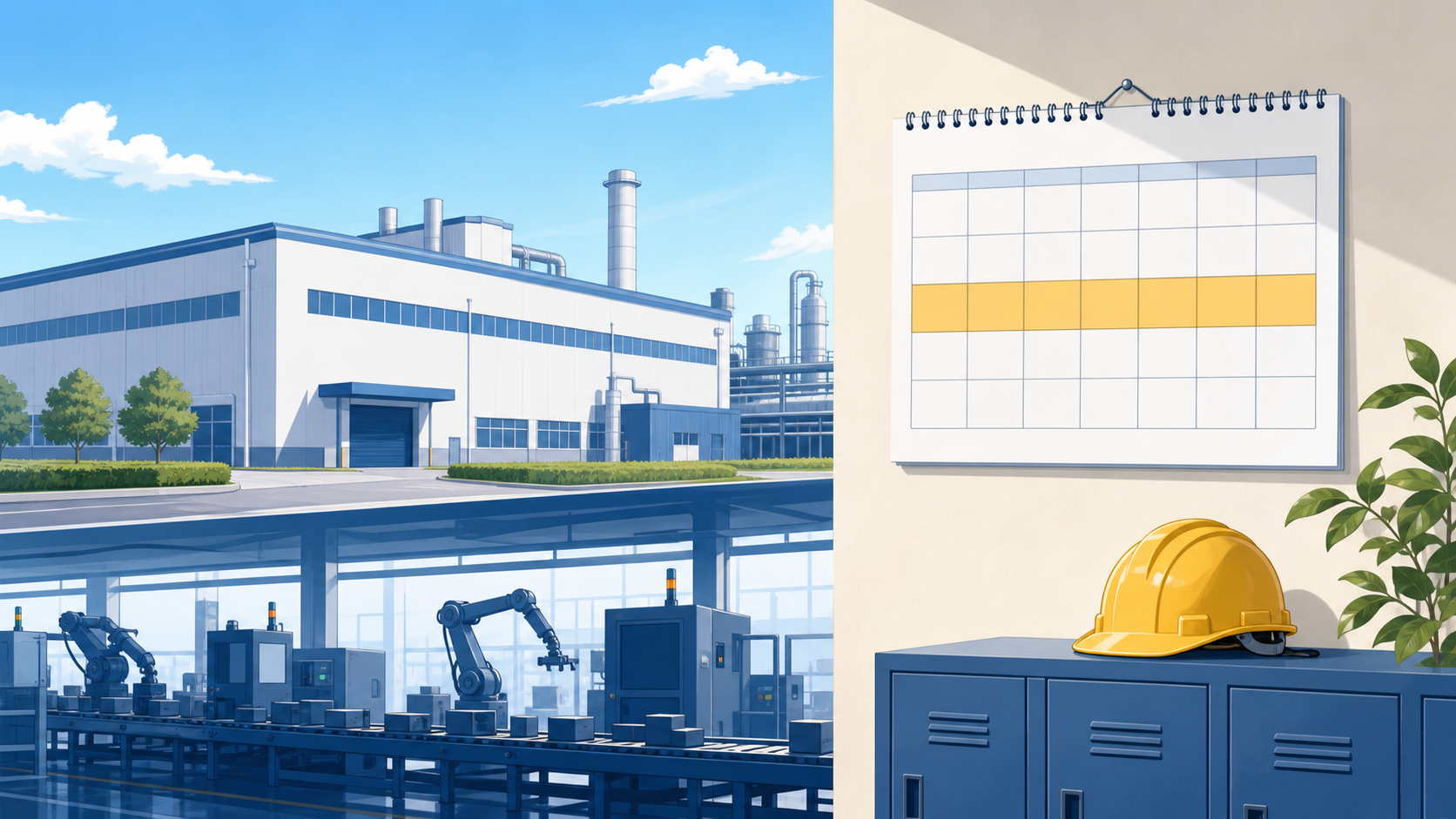 工場の建物と長期休暇を示すカレンダー、安全ヘルメットのイラスト